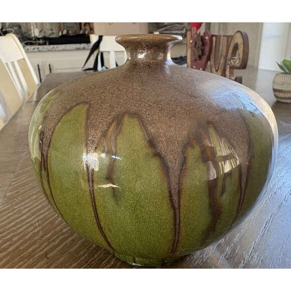 Table Vase Mid Century Modern  drip glazed pottery onion shape Numbered 12 - Picture 3 of 5